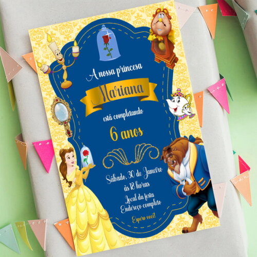 Convite de Aniversário a Bela e Fera Amarelo