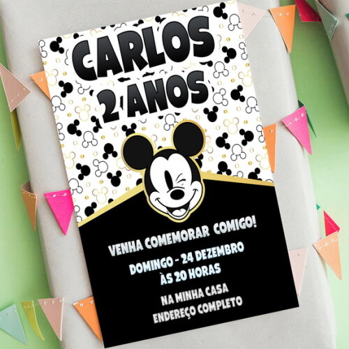 Convite de Aniversário Mickey Preto e Dourado