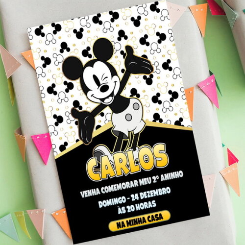 Convite de Aniversário Mickey Preto e Dourado