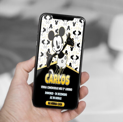 Convite de Aniversário Mickey Preto e Dourado
