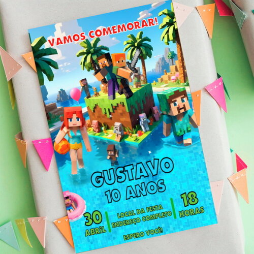 Convite de Aniversário Minecraft Pool Party