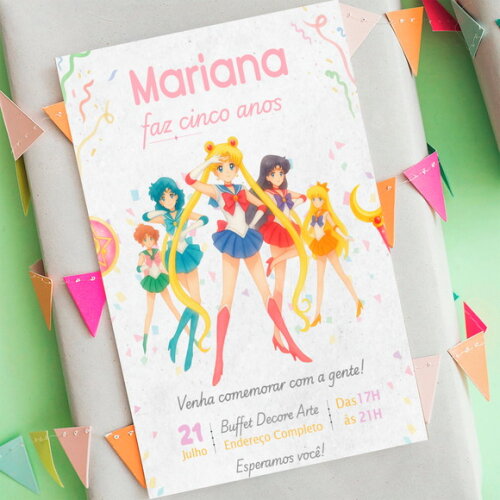 Convite de Aniversário Sailor Moon Princesas Aquarela Digita