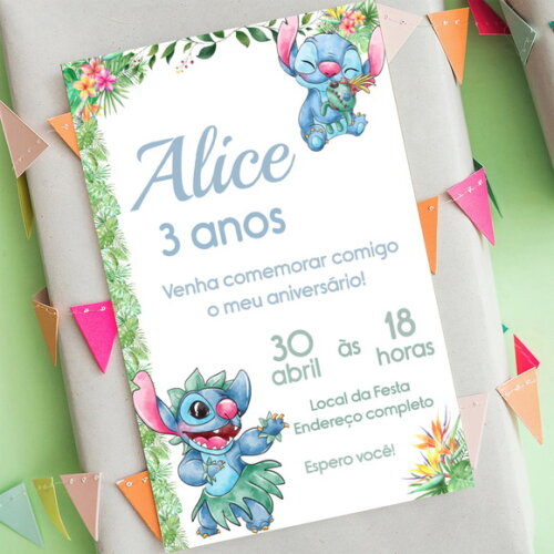 Convite de Aniversário Stitch Aquarela