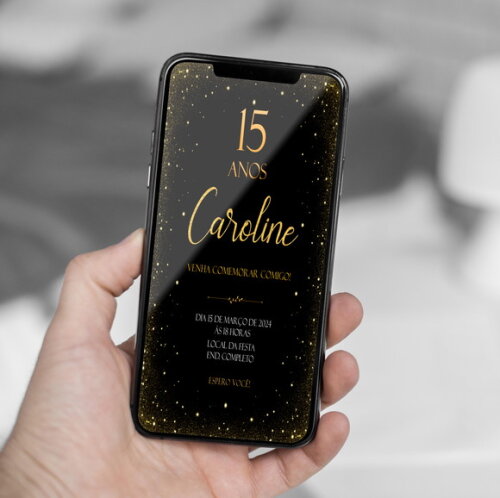 Convite Digital 15 Anos Preto e Dourado