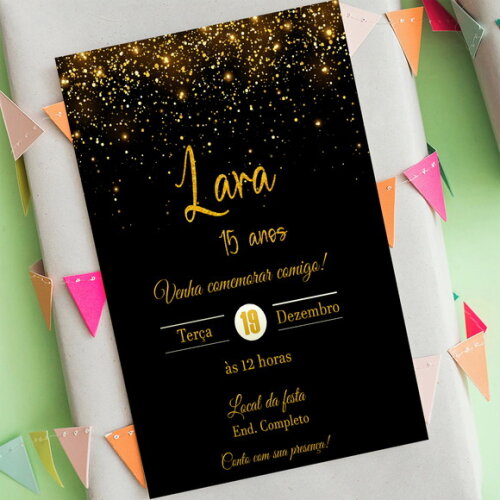 Convite Digital 15 Anos Preto e Dourado