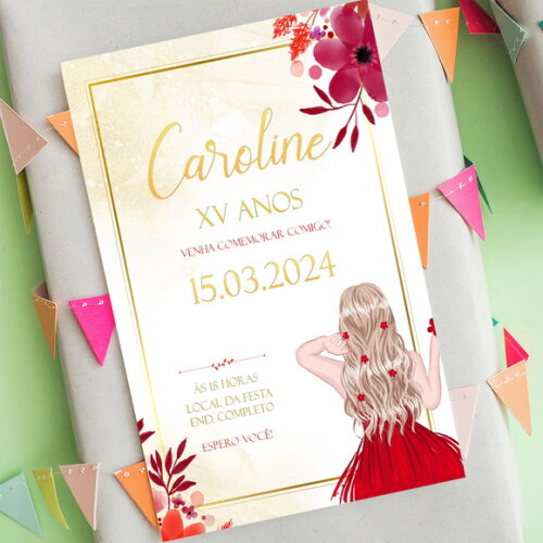 Convite Digital 15 Anos Vestido Floral Vermelho
