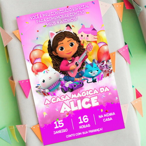 Convite Digital a Casa Mágica da Gabby Cor de Rosa
