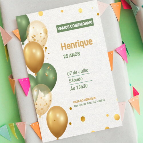 Convite Digital Balões Verde e Dourado
