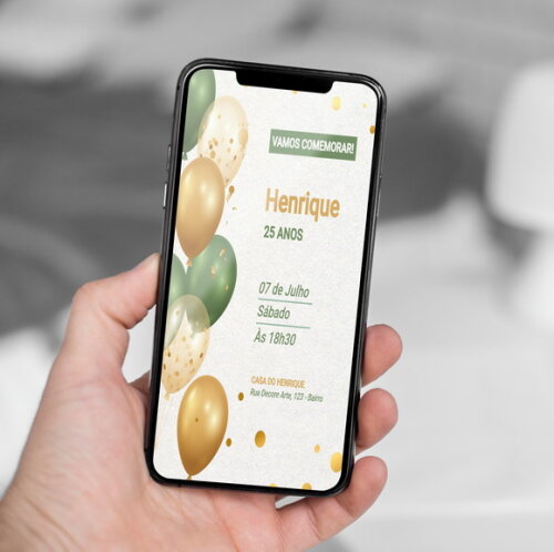 Convite Digital Balões Verde e Dourado