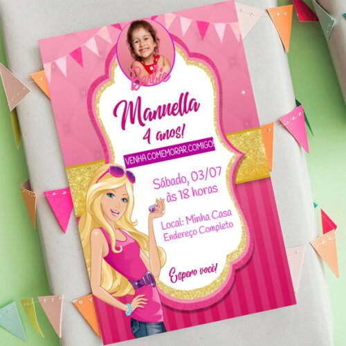 Convite Digital Barbie Festa Barbie Cor de Rosa com Foto