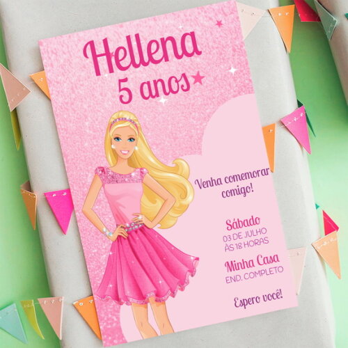 Convite Digital Barbie Glitter Rosa Aniversário Infantil