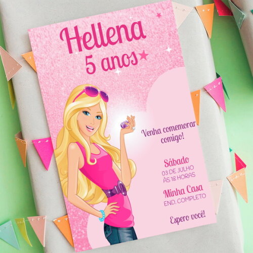 Convite Digital Barbie Glitter Rosa Aniversário Infantil