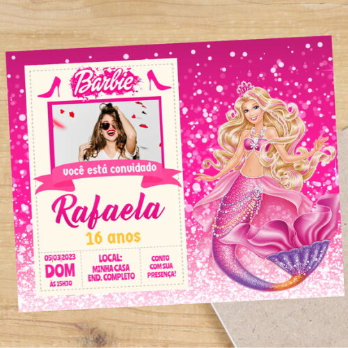Convite Digital Barbie Sereia Barbie Cor de Rosa