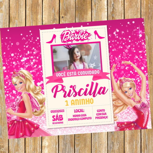 Convite Digital Barbie Rosa Festa Barbie com Foto