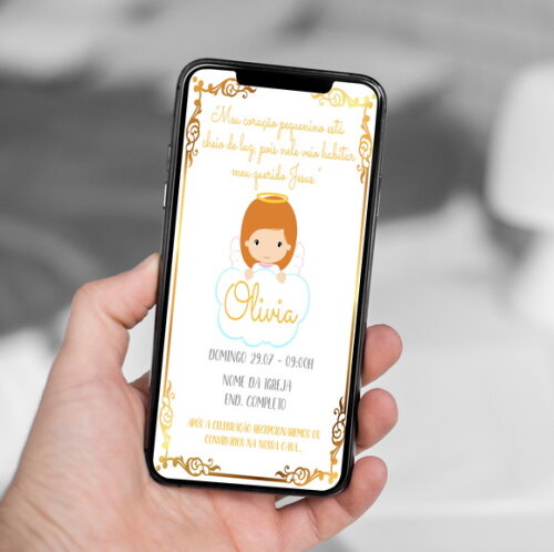 Convite Digital Batizado Dourado Anjinho com Nome Rosa