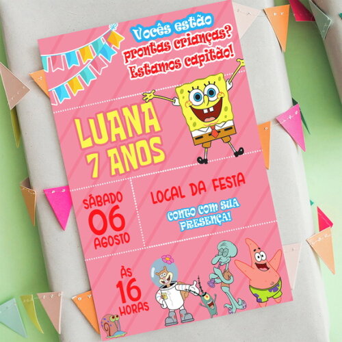 Convite Digital Bob Esponja Rosa