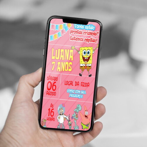 Convite Digital Bob Esponja Rosa