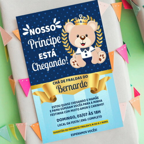 Convite Digital Chá de Fralda Ursinho Elegante