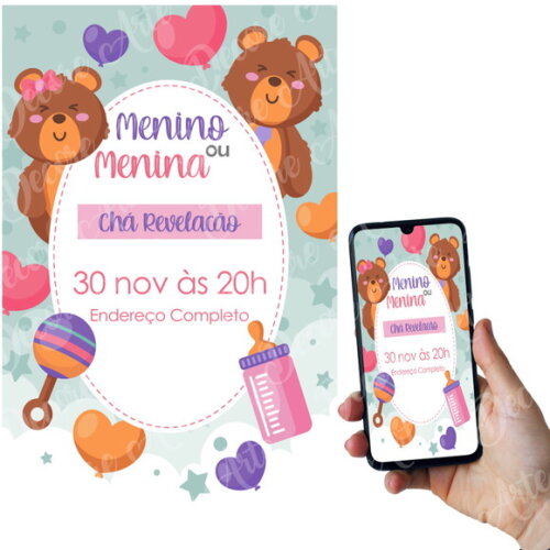 Convite Digital Chá Revelação Menino ou Menina com Endereço
