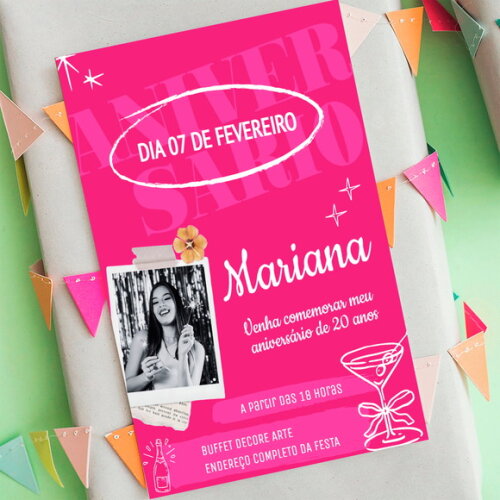 Convite Digital Feminino Rosa com Foto