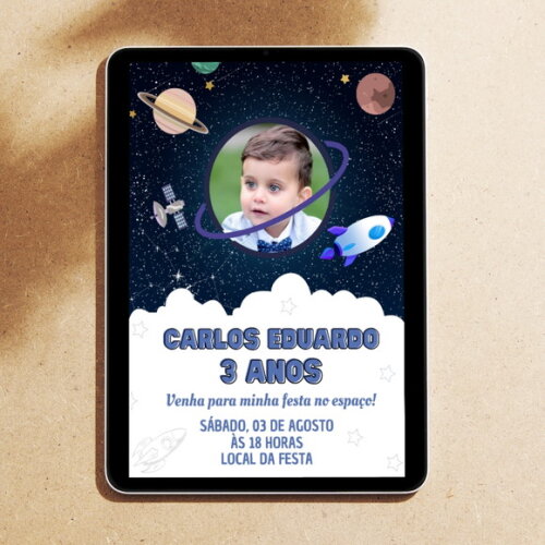 Convite Digital Festa no Espaço Astronauta com Foto