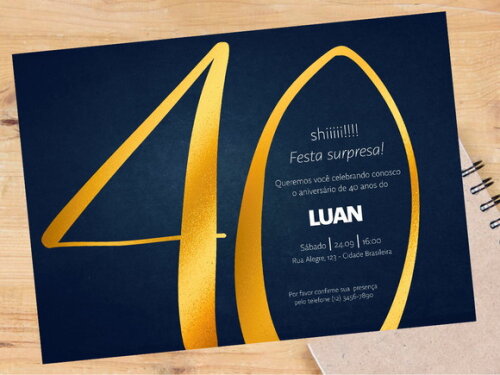 Convite Digital Festa Surpresa Azul e Dourado 40 Anos Homem