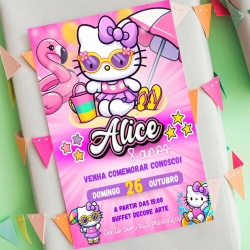 Convite Digital Hello Kitty Pool Party