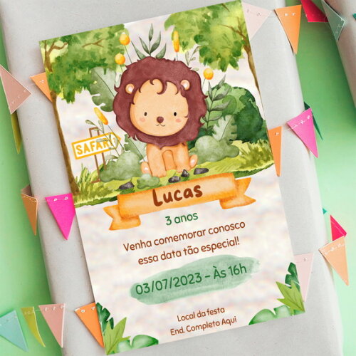 Convite Digital Infantil Leão Safari Animais Bichinhos