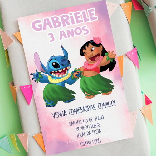 Convite Digital Lilo e Stitch Aquarela Rosa
