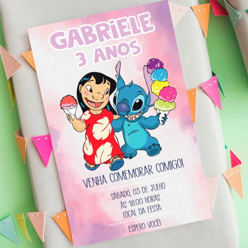 Convite Digital Lilo e Stitch Aquarela Rosa Sorvete