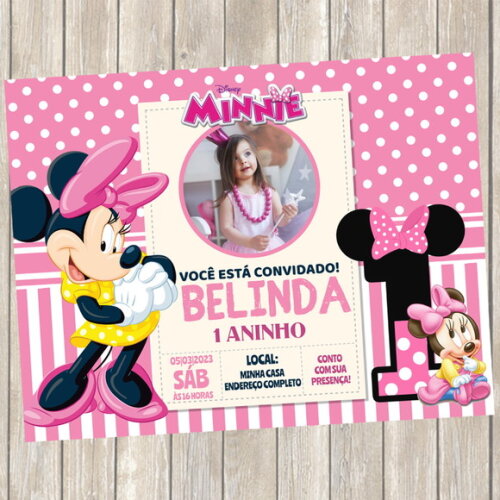 Convite Digital Minnie Cor de Rosa com Foto