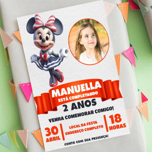 Convite Digital Minnie Mouse Marinheira Capitã com Foto