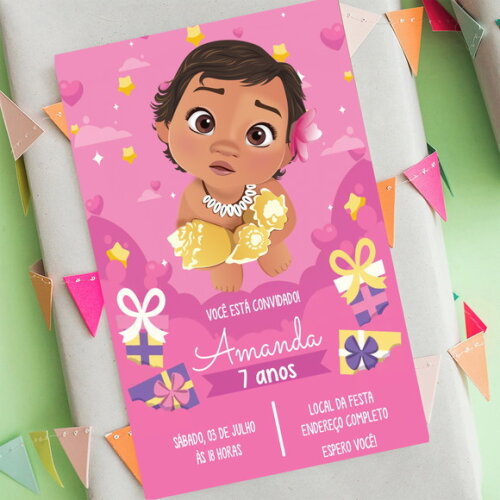Convite Digital Moana Baby Festa Cor de Rosa