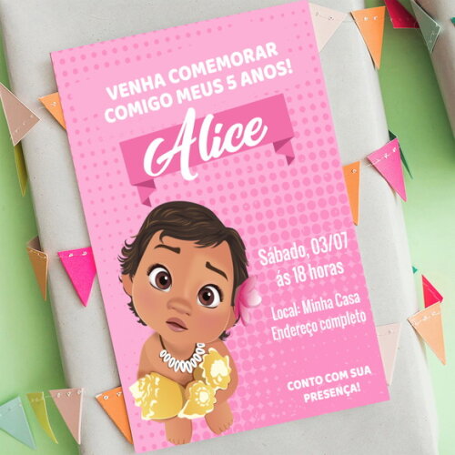 Convite Digital Moana Baby Festa Cor de Rosa