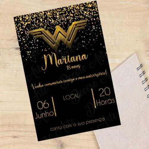 Convite Digital Mulher Maravilha Preto e Dourado