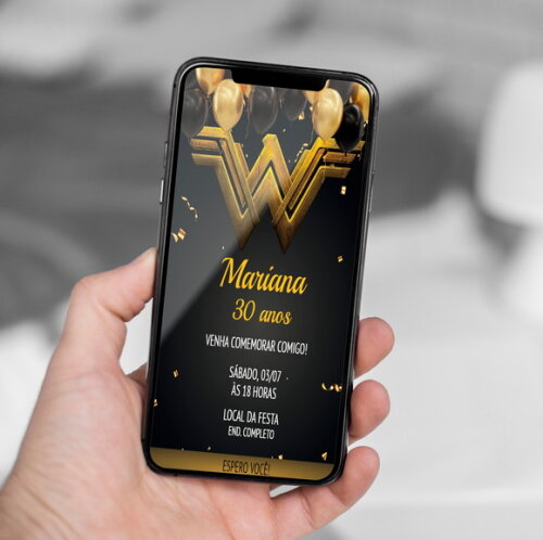 Convite Digital Mulher Maravilha Preto e Dourado