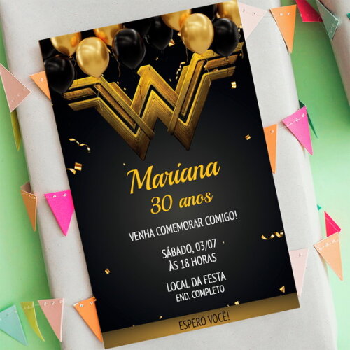 Convite Digital Mulher Maravilha Preto e Dourado