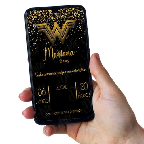 Convite Digital Mulher Maravilha Preto e Dourado