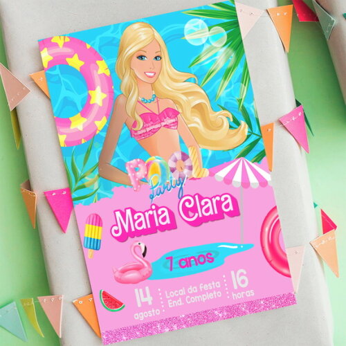 Convite Digital Pool Party Barbie Festa na Piscina