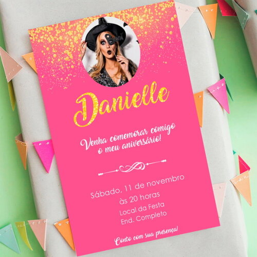 Convite Digital Rosa com Dourado Feminino