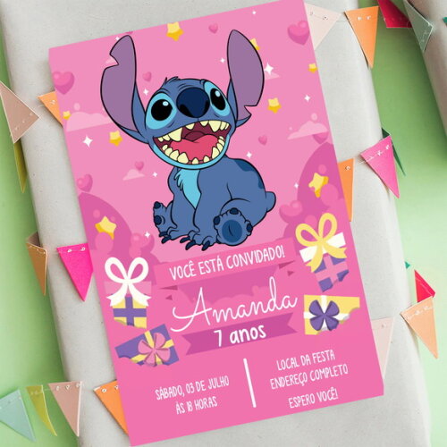 Convite Digital Stitch - Lilo e Stitch Cor de Rosa