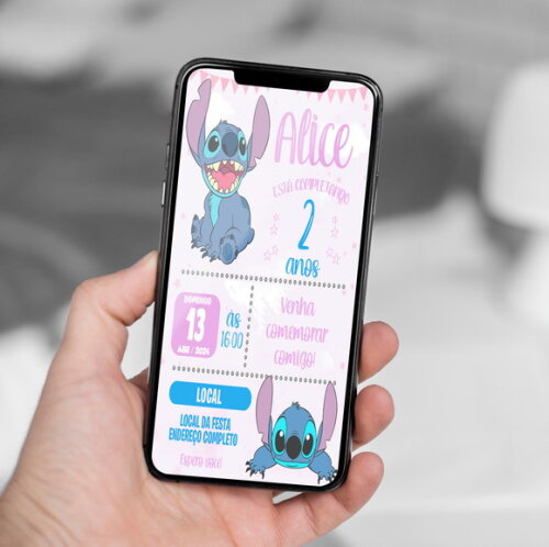 Convite Digital Stitch - Lilo e Stitch Rosa