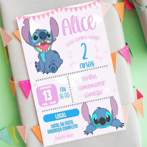 Convite Digital Stitch - Lilo e Stitch Rosa