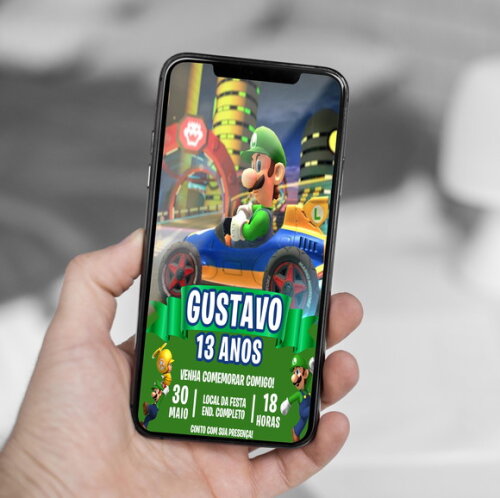 Convite Digital Super Mario Kart Luigi
