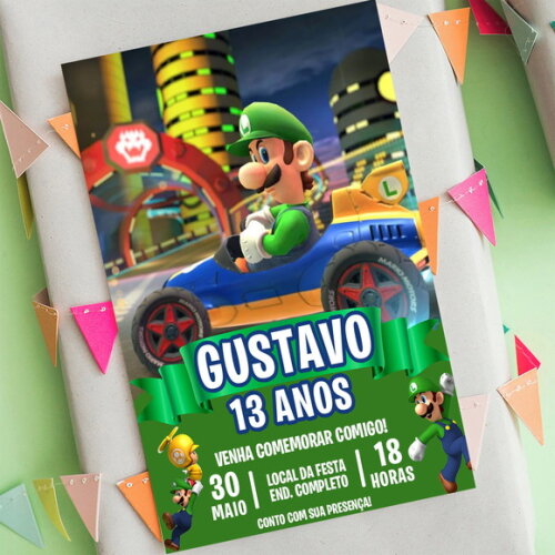 Convite Digital Super Mario Kart Luigi