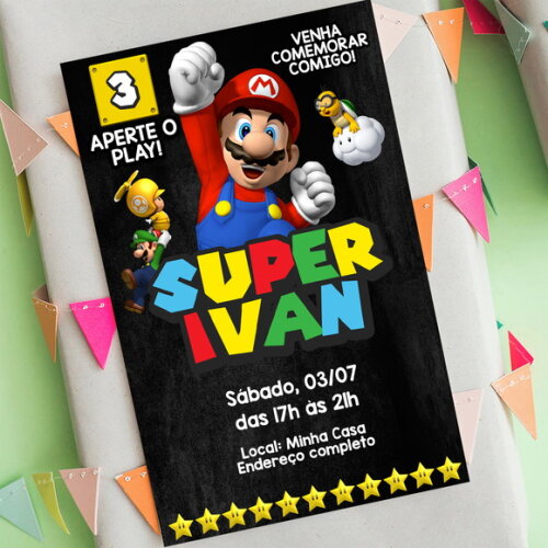 Convite Digital Super Mario Bros Chalkboard