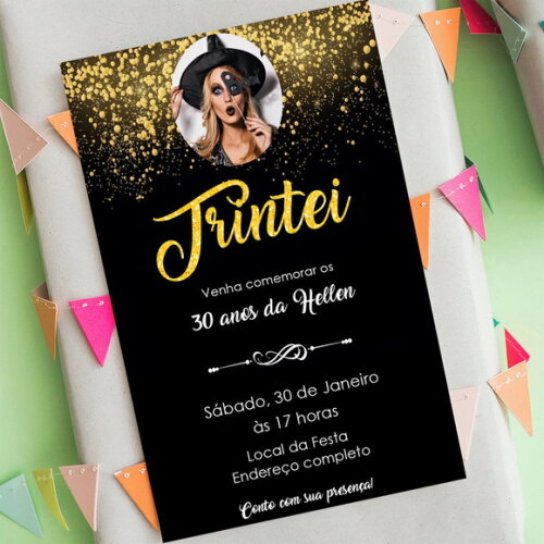 Convite Digital Trintei 30 Anos Preto e Dourado com Foto