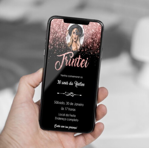 Convite Digital Trintei 30 Anos Preto e Rosê com Foto
