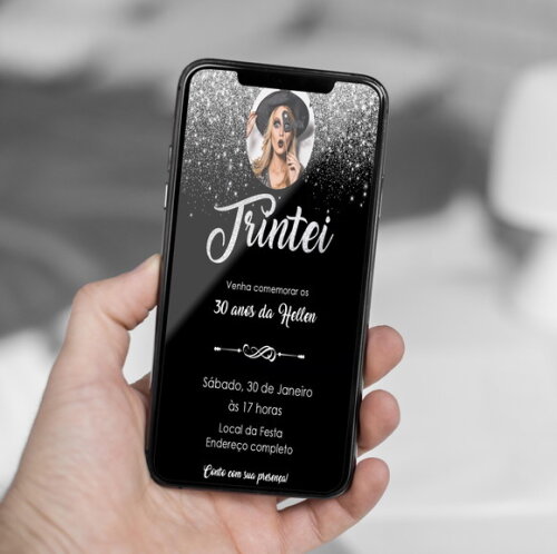 Convite Digital Trintei 30 Anos Preto e Prata com Foto