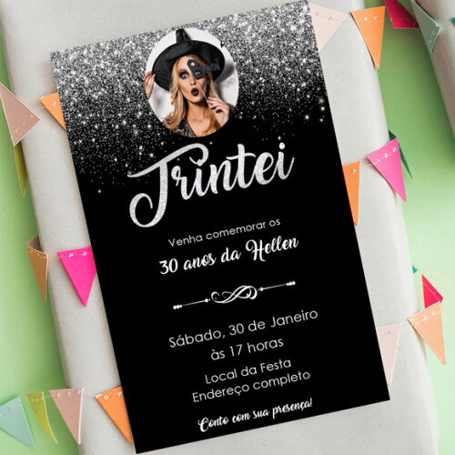 Convite Digital Trintei 30 Anos Preto e Prata com Foto